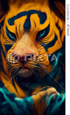 Royal surrealistic abstract tiger. Growling tiger watching his prey. The concept of the hunter. Royal surrealistic abstract tiger. Growling tiger watching his prey. The concept of the hunter. 92502571