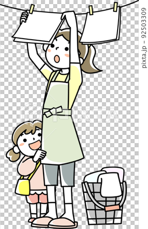 年輕的母親和蹣跚學步的孩子烘乾衣物 92503309