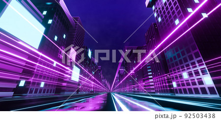 3d rendering futuristic cyberpunk city with blue and pink light trail. Concept sci fi downtown at night with skyscraper, highway and billboards. 3d rendering futuristic cyberpunk city with blue and pink light trail. Concept sci fi downtown at night with skyscraper, highway and billboards. 92503438