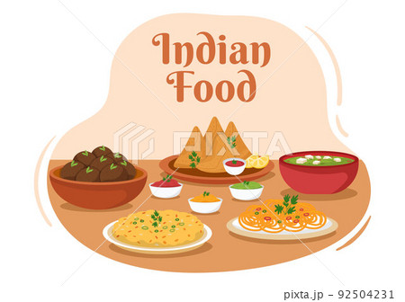 Indian Food Cartoon Illustration with Various Collection of Delicious Traditional Cuisine Dishes in Flat Style Design 92504231
