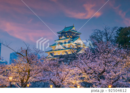 Twilight at Osaka castle during Cherry blossoms season Twilight at Osaka castle during Cherry blossoms season 92504612