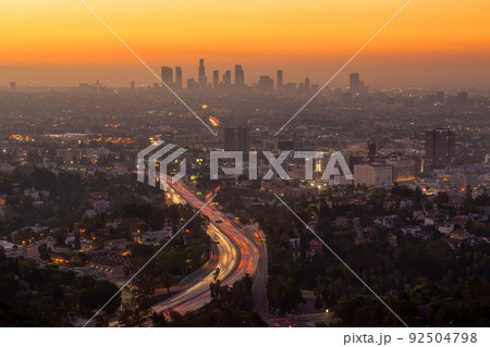 Downtown Los Angeles city skyline, cityscape of LA 92504798