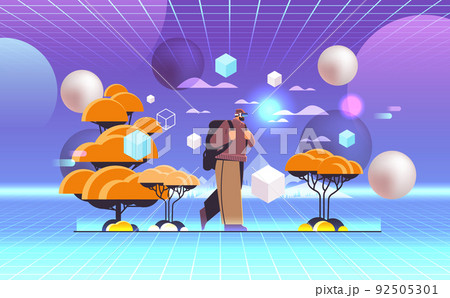 man tourist in virtual reality glasses travelling with backpack active vacation hiking vr vision headset innovation metaverse 92505301