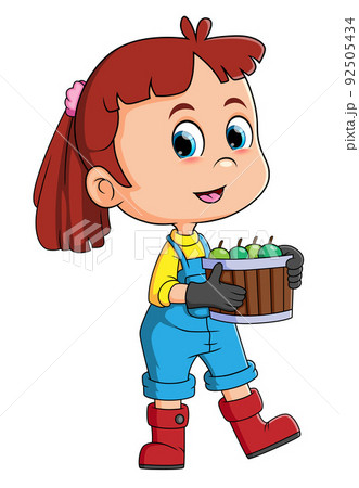 The little girl is harvesting the fruit and putting in the box  92505434
