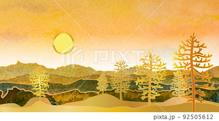 Landscape hills abstract art watercolor painting background with gold line mountains range. 92505612