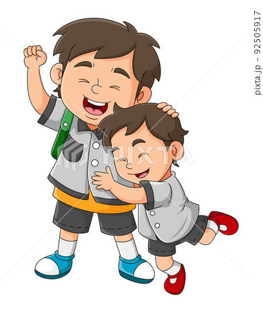 The son is hugging his dad and very happy to see him 92505917