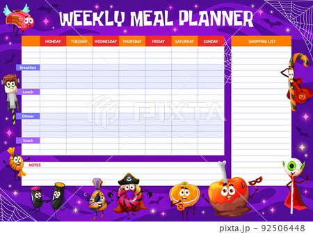 Weekly meal planner, cartoon Halloween candy characters. Vector food plan or diet menu schedule for week with grocery list template, cute trick or treat sweets, pumpkin cake and chocolate candies Weekly meal planner, cartoon Halloween candy characters. Vector food plan or diet menu schedule for week with grocery list template, cute trick or treat sweets, pumpkin cake and chocolate candies 92506448
