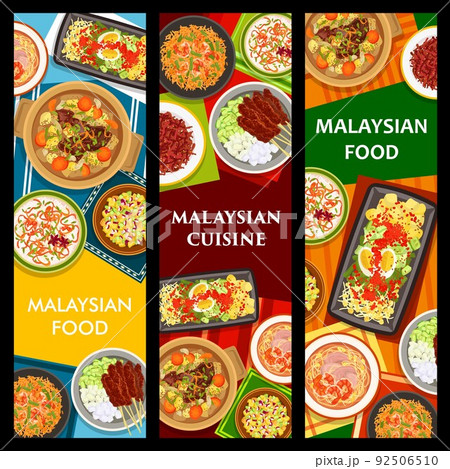 Malaysian cuisine banners, Asian food and restaurant lunch and dinner meals, vector menu. Malaysian traditional kitchen dishes sesame beef, seafood risotto and vegetables salad with chicken satay 92506510