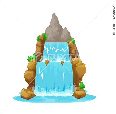Cartoon waterfall, isolated mountain water cascade. Tropical island waterfall, clean stream travel landscape or game asset. Mountain river blue aqua flow cascade environment scene vector background Cartoon waterfall, isolated mountain water cascade. Tropical island waterfall, clean stream travel landscape or game asset. Mountain river blue aqua flow cascade environment scene vector background 92506521