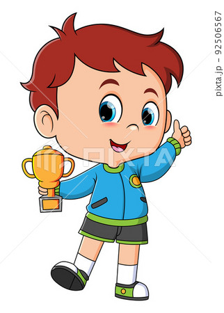 The winner is holding the trophy with the happy expression  92506567