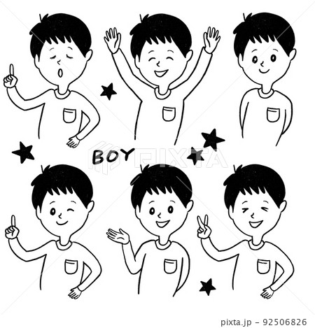 上半身の男の子のイラスト　表情違い　モノクロ　白いTシャツ 92506826