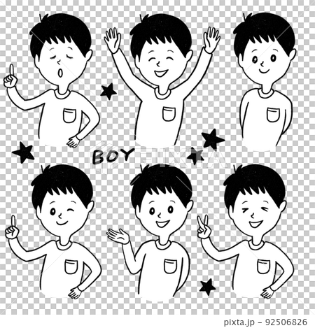 Illustration of a boy on the upper body, different facial expressions, monochrome white T-shirt 92506826