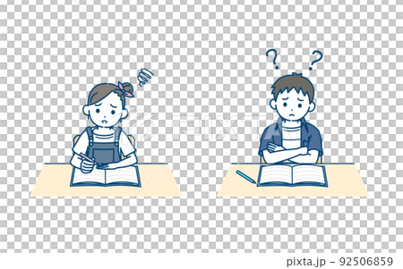 問題が難しい　わからない　苦手　子供　男の子　女の子　勉強　授業　宿題　イラスト 92506859