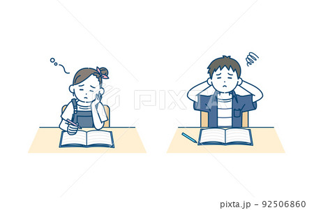 勉強が苦手な子供　男の子　女の子　授業　宿題　つまらない　イラスト 92506860