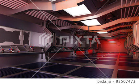 Inside spaceship or space station interior, Sci-Fi tunnel, corridor with empty space, 3D rendering 92507473