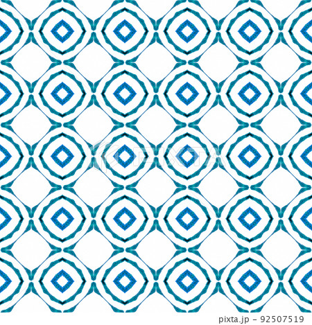 Textile ready graceful print, swimwear fabric, wallpaper, wrapping. Blue stylish boho chic summer design. Ethnic hand painted pattern. Watercolor summer ethnic border pattern. 92507519