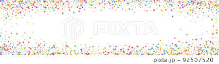 Festive sightly confetti. Celebration stars. Rainbow bright stars on white background. Alluring festive overlay template. Panoramic vector background. 92507520