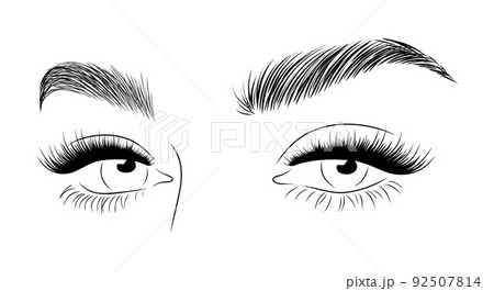 Realistic lashes on white background. Female woman with open eyes and brows icon. Lamination and extension eyelashes. Beauty studio logo. Linear vector Illustration in trendy minimalist style 92507814