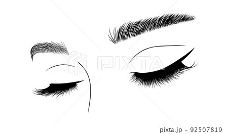 Realistic lashes on white background. Woman with closed eyes and brows icon. Lamination and extension eyelashes. Beauty studio logo. Linear vector Illustration in trendy minimalist style Realistic lashes on white background. Woman with closed eyes and brows icon. Lamination and extension eyelashes. Beauty studio logo. Linear vector Illustration in trendy minimalist style 92507819