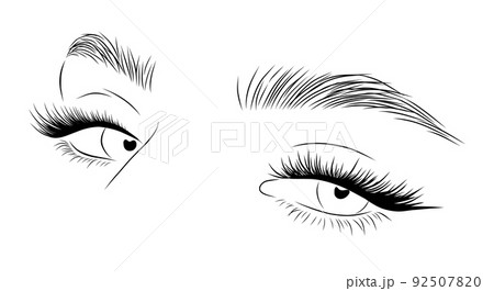 Realistic lashes on white background. Female woman eyes and brows icon. Lamination and extension eyelashes. Beauty studio logo. Linear vector Illustration in trendy minimalist style Realistic lashes on white background. Female woman eyes and brows icon. Lamination and extension eyelashes. Beauty studio logo. Linear vector Illustration in trendy minimalist style 92507820