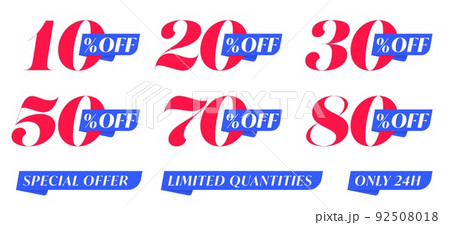 Product sale sticker or promo banner design element set. 10, 20, 30, 50, 70, 80 percent off icon and special offer, limited quantities, only 24h text lettering tag isolated vector illustration 92508018