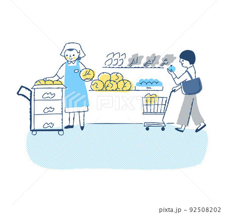 スーパーマーケット　品出しする店員と客 92508202