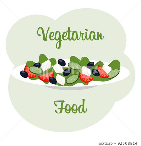 Plate with Greek salad. Vegetarian food. Illustration, vector Plate with Greek salad. Vegetarian food. Illustration, vector 92508814
