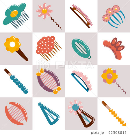 A set of hair pins and hair clips, bijouterie. Icons, decor elements, vector A set of hair pins and hair clips, bijouterie. Icons, decor elements, vector 92508815