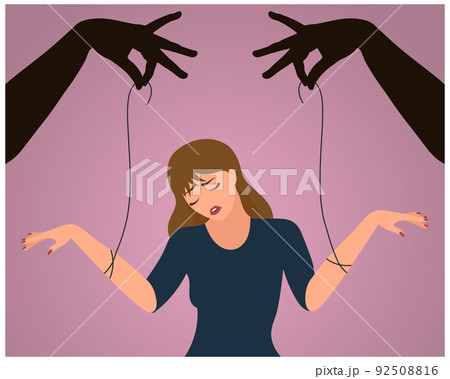 Human manipulation concept. Hands hold a woman by the threads. Illustration, vector 92508816