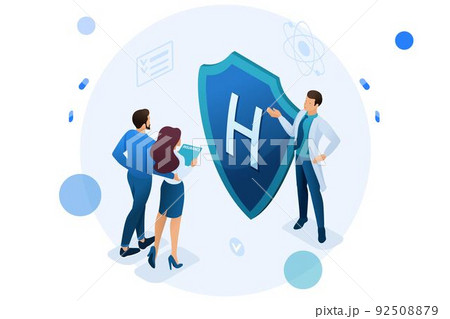 Young doctor offers health insurance to the couple. Concept of health insurance. 3d isometric Concept for web design 92508879
