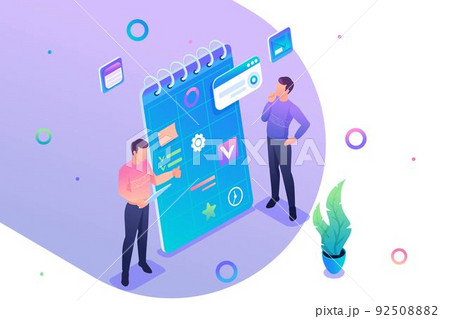 Young people are engaged in drawing up a business plan. Concept of modern technology. 3d isometric Concept for web design 92508882