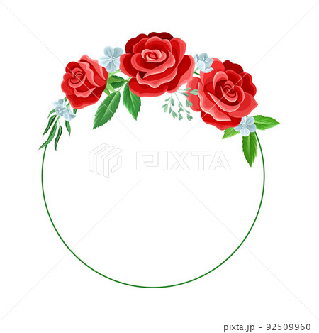 Round Rose Frame with Red Lush Bud and Green Leaves Arranged in Shape with Border Vector Illustration 92509960