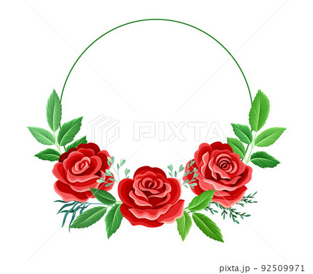 Round Rose Frame with Red Lush Bud and Green Leaves Arranged in Shape with Border Vector Illustration 92509971