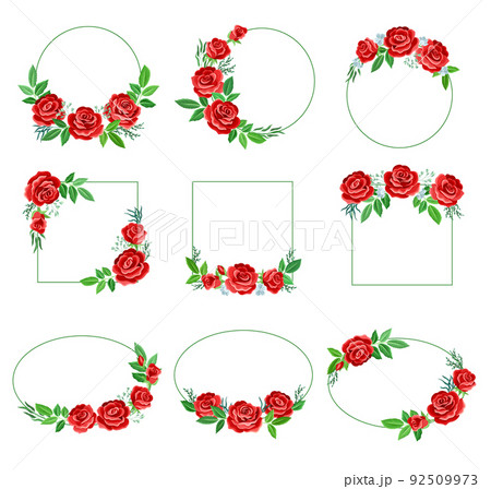 Rose Frame with Red Lush Bud and Green Leaves Arranged in Shape with Border Vector Set Rose Frame with Red Lush Bud and Green Leaves Arranged in Shape with Border Vector Set 92509973
