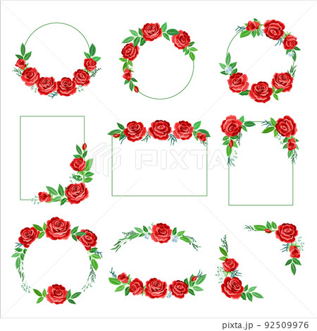 Rose Frame with Red Lush Bud and Green Leaves Arranged in Shape with Border Vector Set Rose Frame with Red Lush Bud and Green Leaves Arranged in Shape with Border Vector Set 92509976