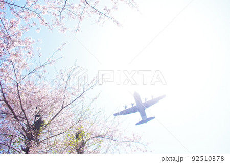 青空と桜の中を飛行する輸送機 青空と桜の中を飛行する輸送機 92510378