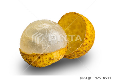 Half peeled longan with translucent pulp and peel isolated on white background. 92510544