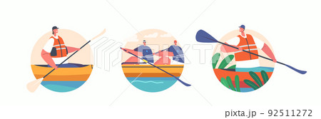 People on Boats Kayaking, Canoeing or Rafting Sport Isolated Icons or Avatars. Sportsmen Rowing in Kayaks Activity 92511272