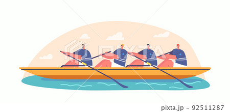 Four Athletes Swim On Boat. Concept Of Rowing Competition, People Enjoy Active Water Sports Game, Extreme Activity 92511287