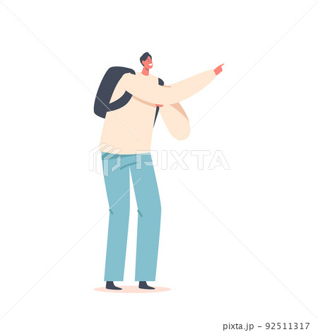 Young Man Tourist with Backpack Pointing with Finger on Something Interesting, Traveler Isolated on White Background 92511317