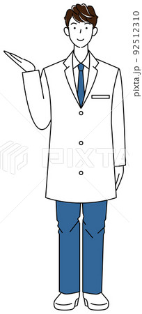 指差ししている白衣姿の可愛い男性 立ち姿 全身 イラスト ベクターのイラスト素材