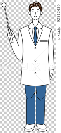 一個穿著白大褂的可愛男人拿著一個符號指針站立全身插圖矢量 一個穿著白大褂的可愛男人拿著一個符號指針站立全身插圖矢量 92512439