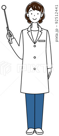 シンボル指し棒を持っている白衣姿の可愛い女性 立ち姿 全身 イラスト ベクターのイラスト素材