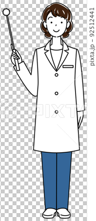 一個穿著白大衣的可愛女人拿著一個符號指針站立圖全身插圖矢量 一個穿著白大衣的可愛女人拿著一個符號指針站立圖全身插圖矢量 92512441
