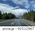 Road among the hills and woodlands under an overcast sky 92512967