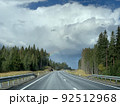 Road among the hills and woodlands under an overcast sky 92512968