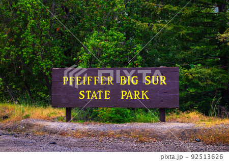 Welcome sign at the entrance to Pfeiffer Big Sur State Park in California 92513626