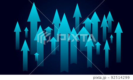 Lots of cyan up arrows on a dark blue background. Market or economy growth symbol. News banner. 92514299