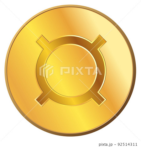Golden coin with universal currency sign front view isolated on white. Character used to denote an unspecified currency. Design element. Golden coin with universal currency sign front view isolated on white. Character used to denote an unspecified currency. Design element. 92514311
