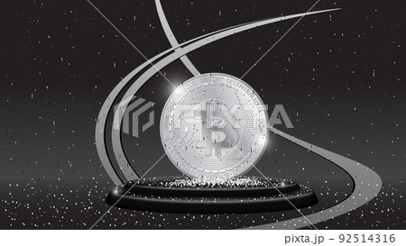 Detailed golden coins Bitcoin in front view on pedestal with sequins on dark background. Gray colors BTC symbol of modern digital gold and money. Header or banner. 92514316
